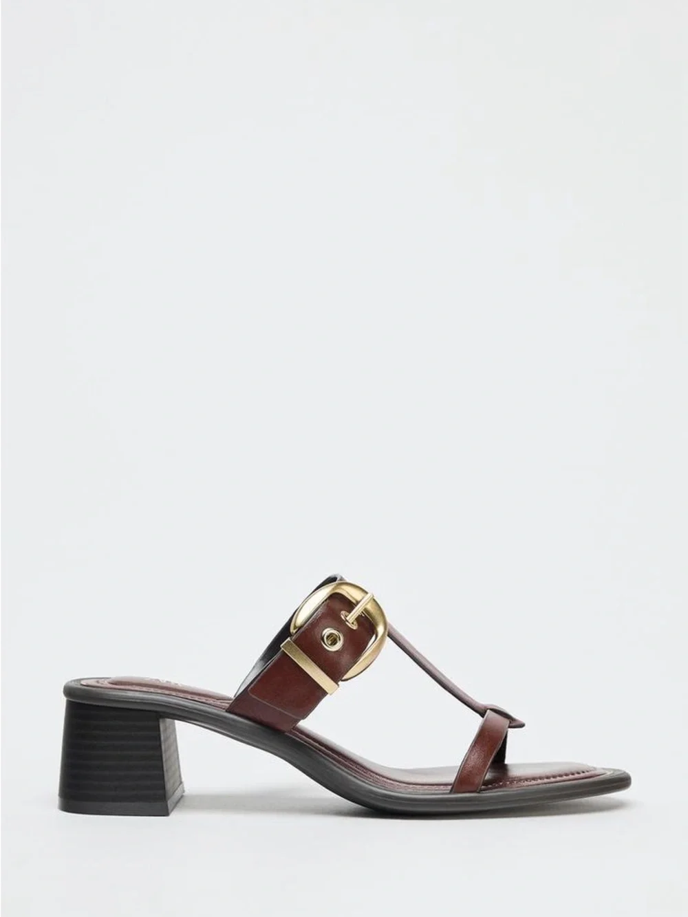 Zara Brown Leather Toe-Ring Slide Sandals with Gold Buckle - Picture 1 of 5